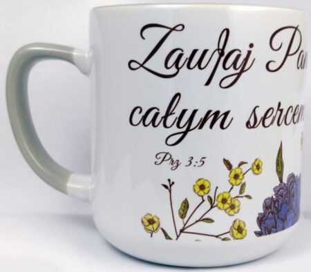 KUBEK biało-szary z tekstem: ZAUFAJ PANU CAŁYM SERCEM