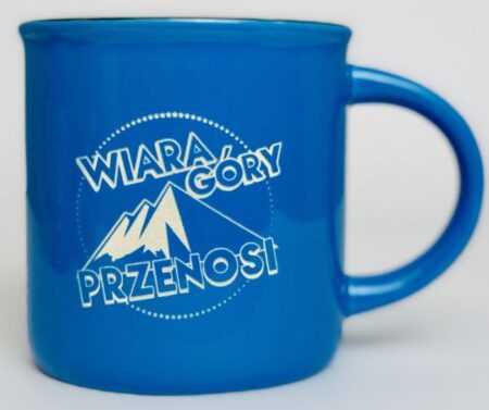 KUBEK grawerowany niebieski z tekstem: WIARA GÓRY PRZENOSI