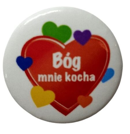 ZNACZEK BUTTON   BÓG MNIE KOCHA- serca